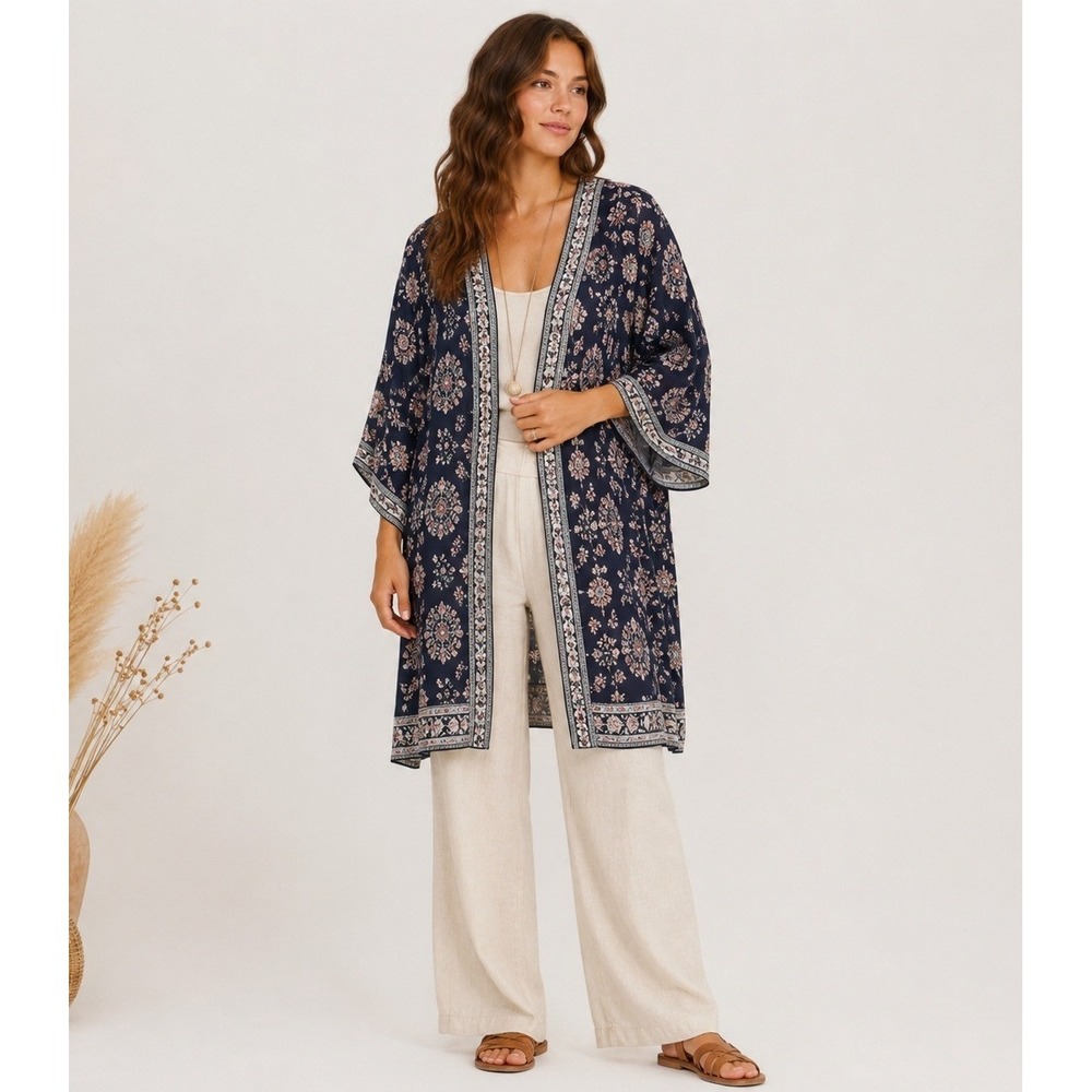 Max Studio Kimono Cardigan Womens Medium Black Pink Boho Polyester Hippie Boho